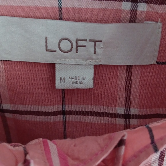Loft Plaid Ruffle Mock Neck Button Front Shirt #1651 - Picture 5 of 8